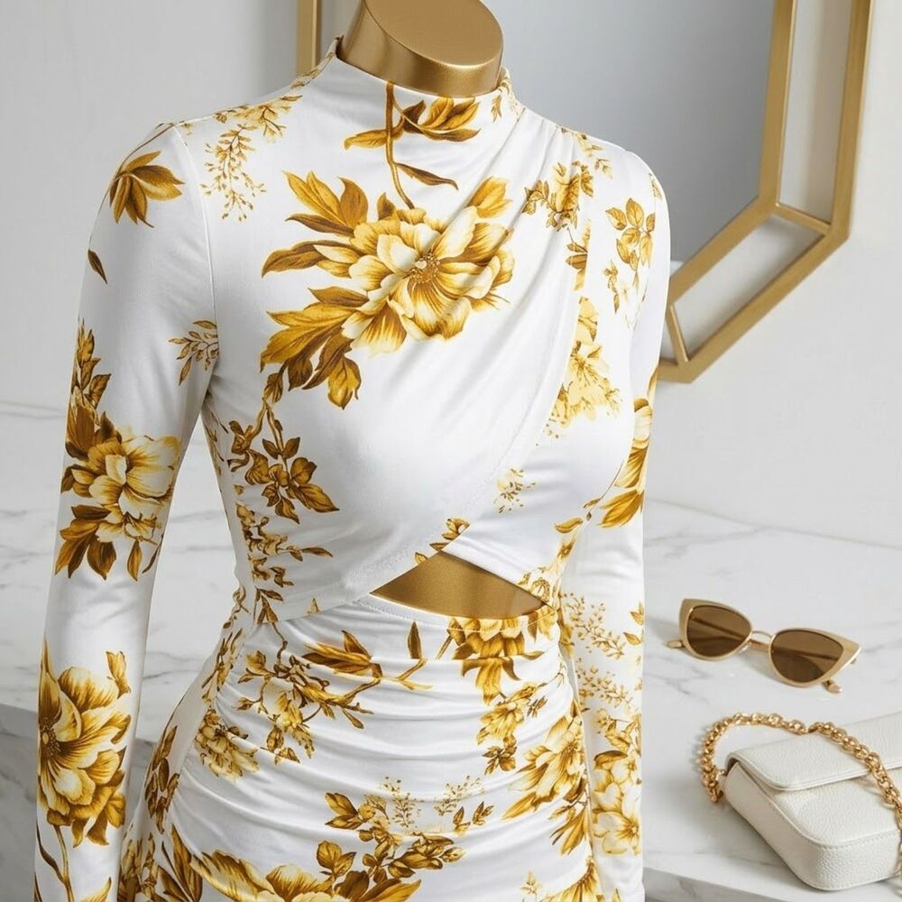 New White Gold Floral Mock Neck Cutout Ruched Ruffle Long Sleeve Dress | Large